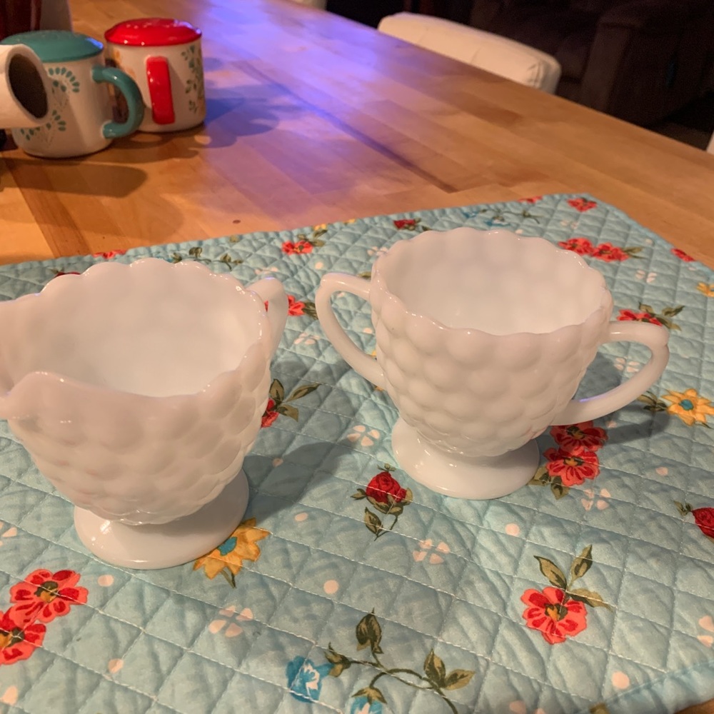 Milk glass sugar cube holder and creamer